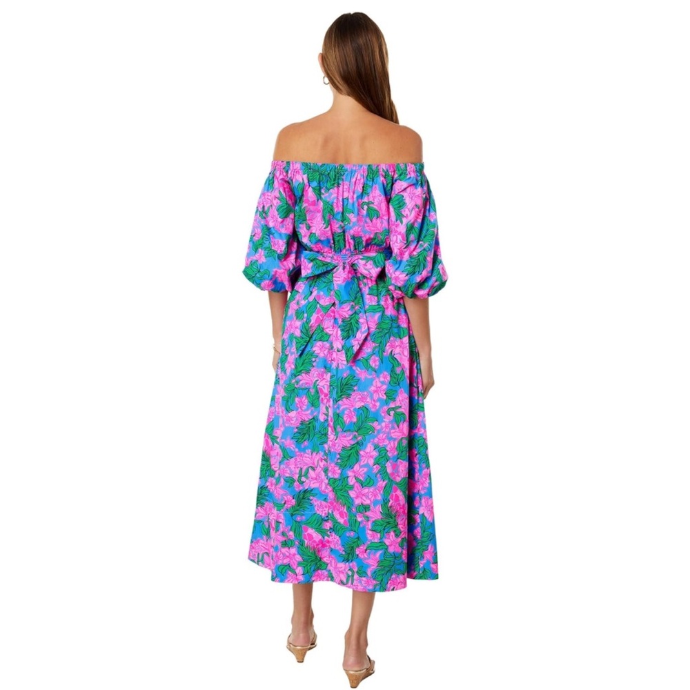 Lilly Pulitzer Pink & Green Floral Off-Shoulder Midi Dress - Picture 4 of 14